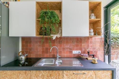 丰特奈苏布瓦Maison du Saule的带水槽的厨房台面和窗户