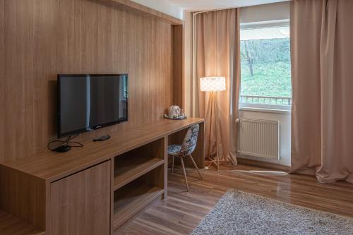 瓦赫河畔比斯特里察Hotel Garni的客厅配有木桌上的电视