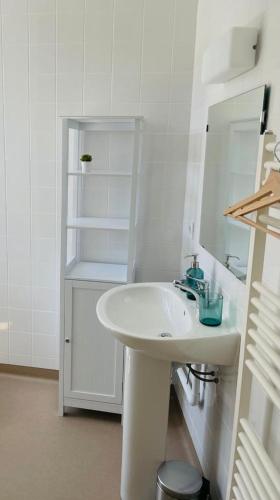 Moulins-EngilbertLE BON LABOUREUR的白色的浴室设有水槽和镜子