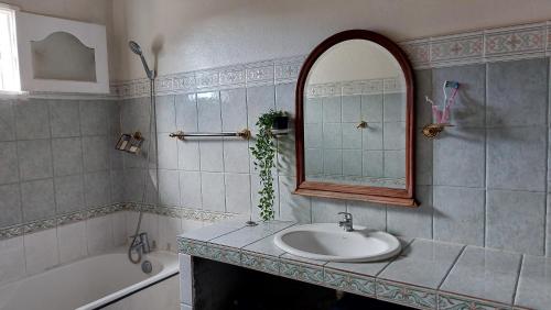 萨拉济Maison Créole Soalaze的浴室配有盥洗盆、镜子和浴缸