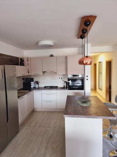 科普里夫尼察Skitnica Prestige的厨房配有白色橱柜和不锈钢冰箱