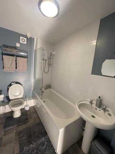 DarlastonCosy, modern Apartment的带浴缸、卫生间和盥洗盆的浴室