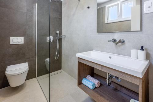 塞尔瑟Luxury Apartments Lovorka 3 & 4***/****的一间带水槽、卫生间和淋浴的浴室