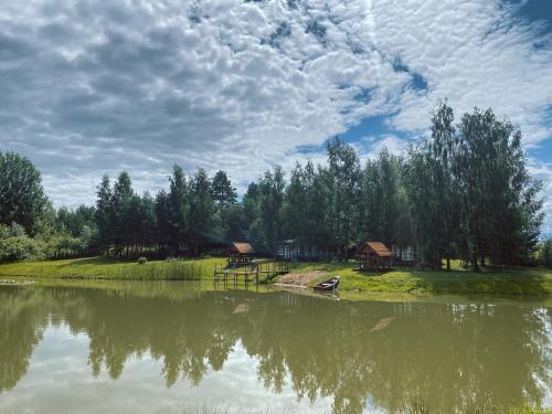 阿尼克什奇艾Laumių Nameliai的享有湖泊美景,拥有房屋和树木