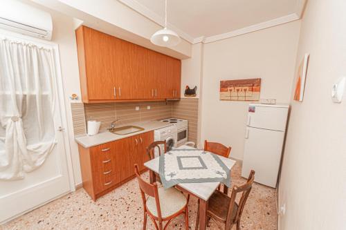 尼亚米卡尼奥纳Elena's Apartments的一间带桌子和冰箱的小厨房
