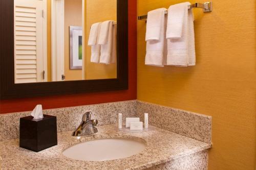 伯明翰伯明翰柱廊/汇景万怡酒店的浴室配有盥洗盆、镜子和毛巾