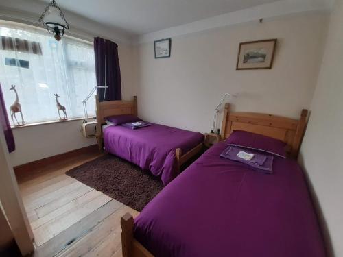 Potter HeighamLittleholme的配有紫色床单和窗户的客房内的两张床