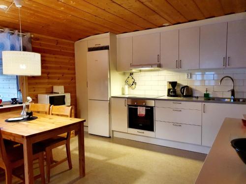 SaxnäsKultsjögården-Saxnäs- Marsfjäll 10的厨房配有白色橱柜和木制天花板