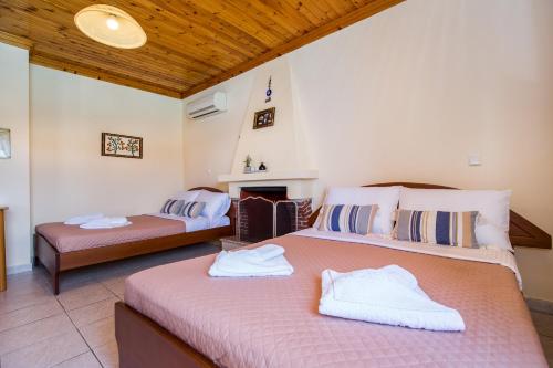 阿利基Anthi Villa的一间卧室设有两张床和一个壁炉