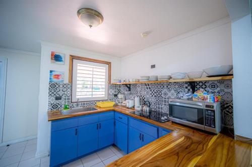奎波斯城Lovely Condo near monkey habitat and beach的厨房配有蓝色橱柜和微波炉
