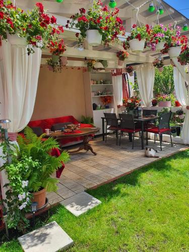 莱斯诺夫Casa Doina的庭院配有桌椅和鲜花