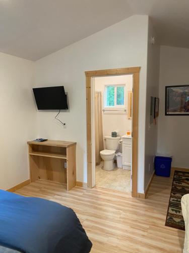 阳光城Talkeetna Wilderness Lodge & Cabin Rentals的一间卧室配有一张床,浴室设有卫生间
