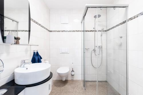 萨斯尼茨Villa Nause - Meerblick & Spa的白色的浴室设有水槽和淋浴。