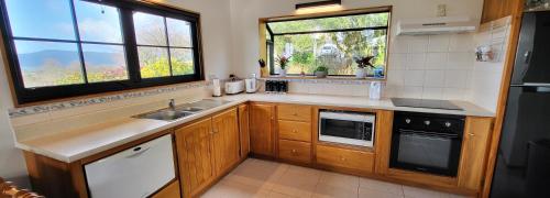 罗托鲁瓦Hamurana Home with a View的厨房配有木制橱柜、水槽和窗户。