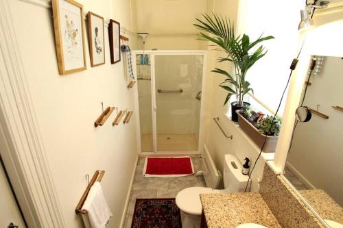 沃纳姆堡The F Project Residence - whole house的带淋浴的浴室以及带红色地毯的卫生间。