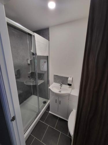 赫尔Avenue Apartments的带淋浴、卫生间和盥洗盆的浴室