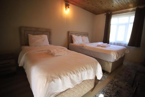 DemirciKanyon park otel ve restaurant的一间卧室设有两张床和窗户。