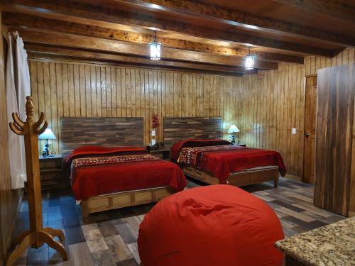 罗斯阿祖弗雷斯特亚玛尼赖斯俱乐部酒店的木墙客房的两张床