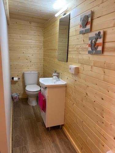 Casa Rural con Encanto CABAÑA EL SALSE的木制浴室设有卫生间和水槽
