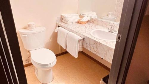 哈迪港机场旅馆的浴室设有卫生间、水槽和毛巾