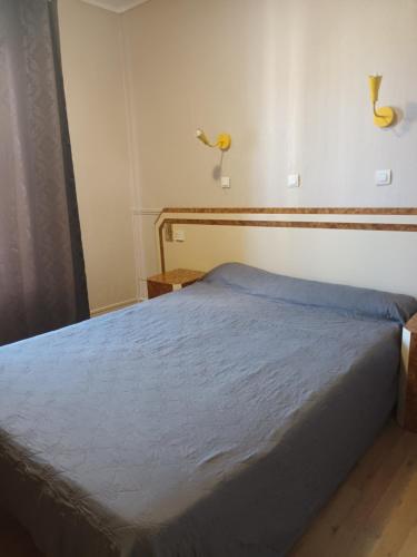 巴黎罗莱纳酒店的一间卧室配有一张带蓝色毯子的床