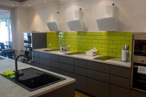 布劳讷贝格Ferienresidenz Brauneberger Hof的厨房的墙壁上铺有绿色瓷砖,设有水槽