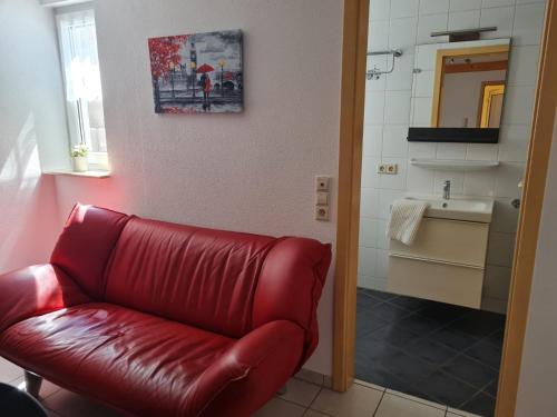 鲁斯特Badisch Home的一间带水槽的浴室内的红色皮沙发