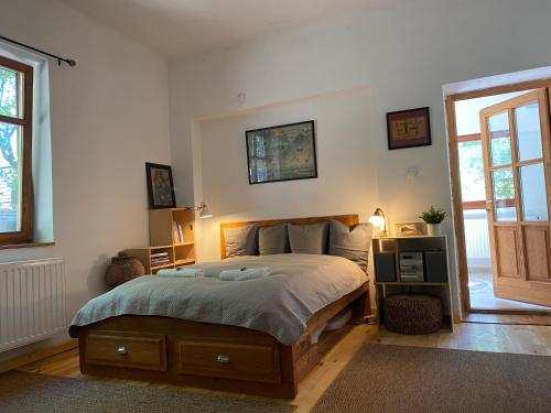 布达佩斯Rustic Cottage & Garden Retreat on Buda Hilltop的一间卧室设有一张大床和一个窗户。