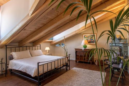 的里雅斯特Palazzo Salem M1 Roof Garden的一间卧室设有一张床和木制天花板