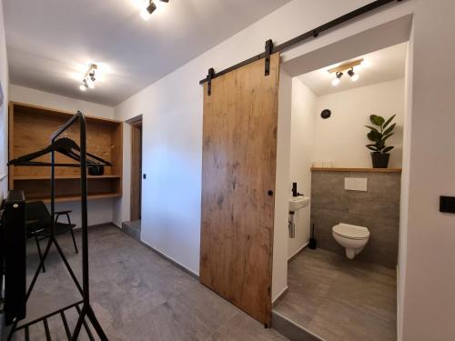 马里博尔Bistro & Rooms pri Karlu - ex Hiša Budja的一间带木门和卫生间的浴室