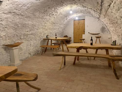 巴拉顿菲赖德Loft Pihenő és Wellness Ház的洞穴内带木桌和长凳的房间