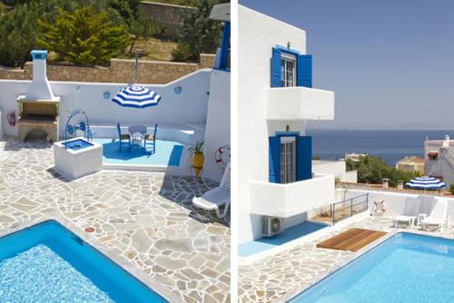 Vagia蓝色海豚公寓的两幅房子和游泳池的照片