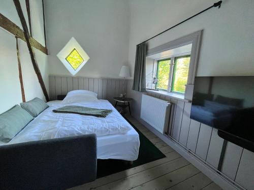 KrüzenReetscheune Krüzen的一间小卧室,配有一张床和电视