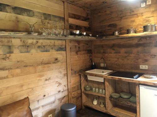 杜柏乡村别墅酒店的厨房设有木墙和水槽