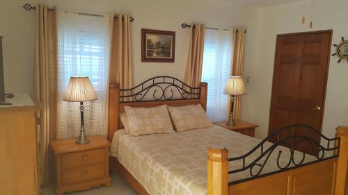 Mount PleasantAIRBAB Moon Gate East的一间卧室配有一张带两盏灯的床和两扇窗户。