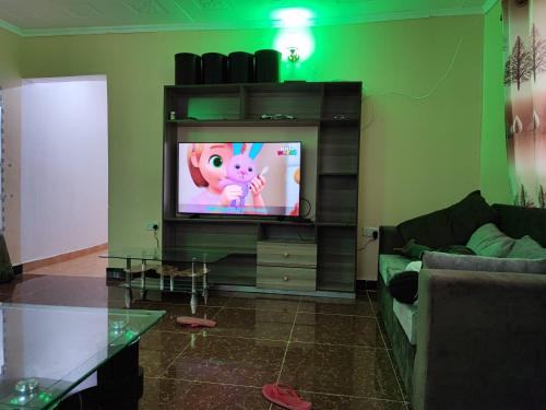 埃尔多雷特Camp-Flo 3br Guest House-Eldoret的客厅配有带屏幕上猪的电视