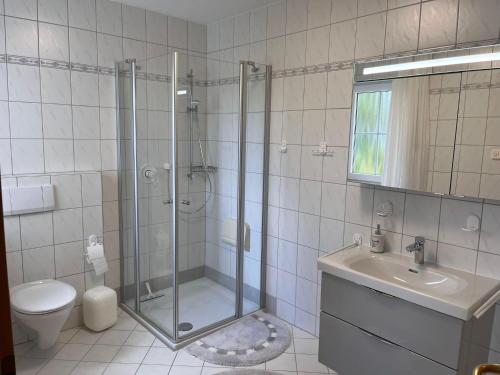 迈内尔茨哈根Ferienwohnung-Orth-Tor-zum-Sauerland-mit-grosser-Terrasse的带淋浴、盥洗盆和卫生间的浴室