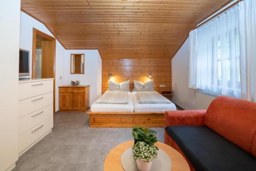 锡贝塔尔Gästehaus Fitsch - Ferienwohnung in Silbertal的一间大卧室,配有一张床和一张沙发