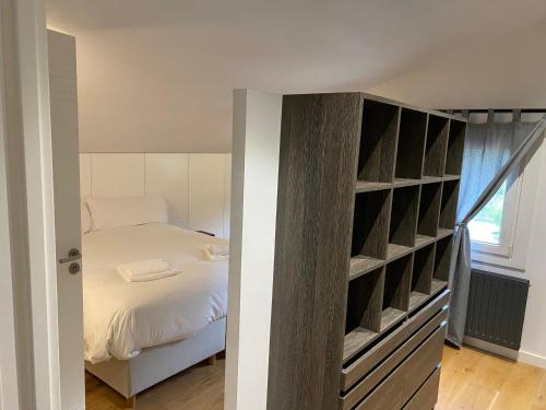 马萨纳El Molí La Massana的一间卧室设有一张床和一个书架