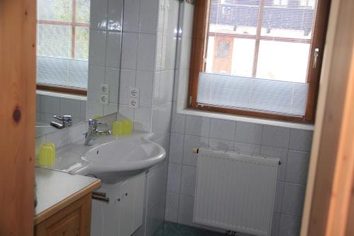 Sankt Lorenzen im LesachtalPension Oberhof的白色的浴室设有水槽和镜子