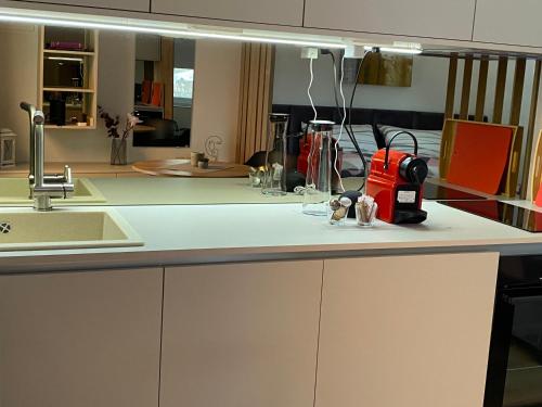 木洛希尼Artatore24 - Modern and stylish Apartments的厨房柜台设有水槽和餐具。