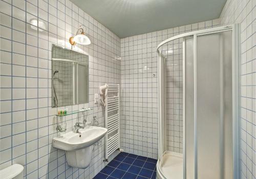 布赫洛维采布赫洛维酒店的白色的浴室设有水槽和淋浴。