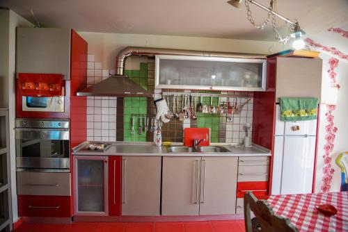 马罗尼亚Villa Papavero的厨房设有红色和绿色的墙壁和水槽