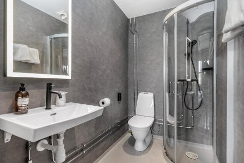 RingsakerFrich's Rudshøgda的浴室配有卫生间、盥洗盆和淋浴。