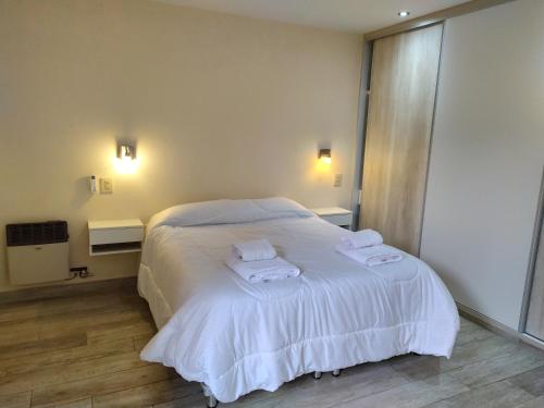 圣拉斐尔La Terraza Apartment: lujoso, amplio y ubicado en microcentro.的卧室配有白色床和毛巾