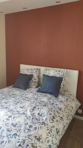 内尔河畔欧比尼AUBIGNY SUR NERE的一张带蓝色和白色床单及枕头的床
