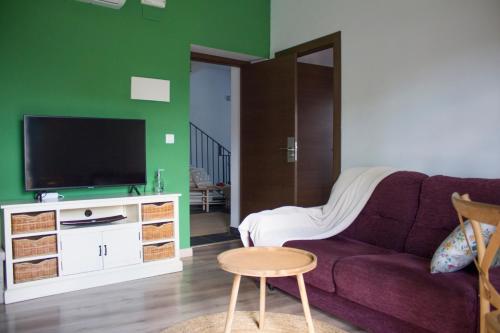 阿尔坎塔拉Luz del Tajo的客厅配有紫色沙发和电视