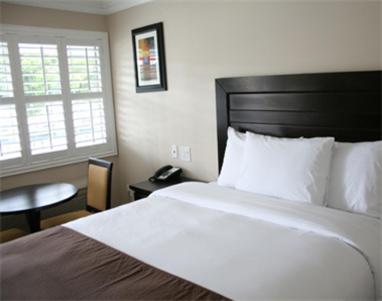 里弗赛德Raincross Hotel Riverside的一间卧室配有一张床、一张桌子和一个窗户。