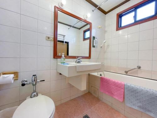 彰化市承携行旅-彰化中正馆的一间带卫生间、水槽和镜子的浴室