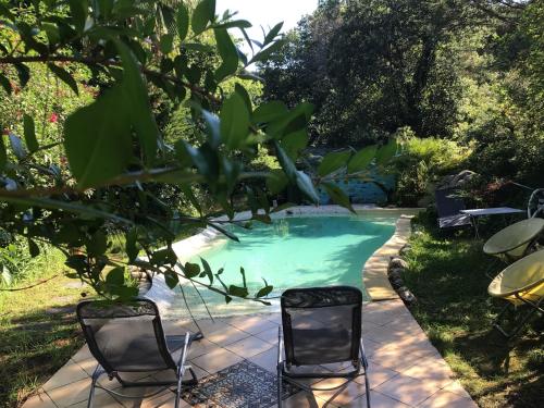 耶尔Roulotte Fenouillet的院子里一个带两把椅子的游泳池